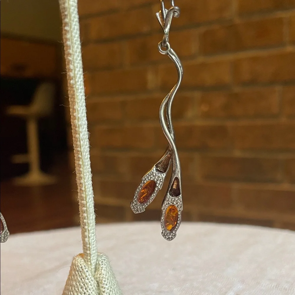 Handmade Sterling Silver and Baltic Amber organic floral hook back drop earrings - Picture 9 of 11